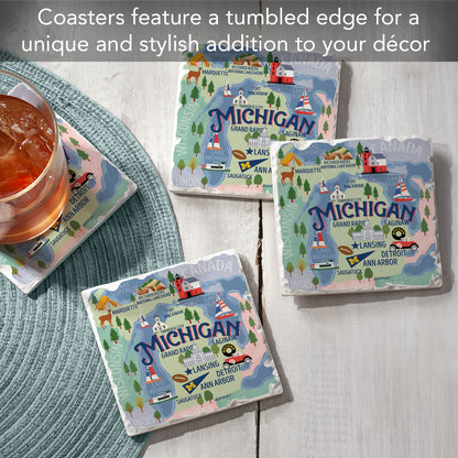 Thirstystone Michigan Attractions 4 Pack Tumbled Tile Stone Coasters 4" Square Manufactured in the USA