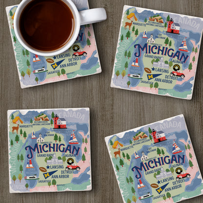 Thirstystone Michigan Attractions 4 Pack Tumbled Tile Stone Coasters 4" Square Manufactured in the USA