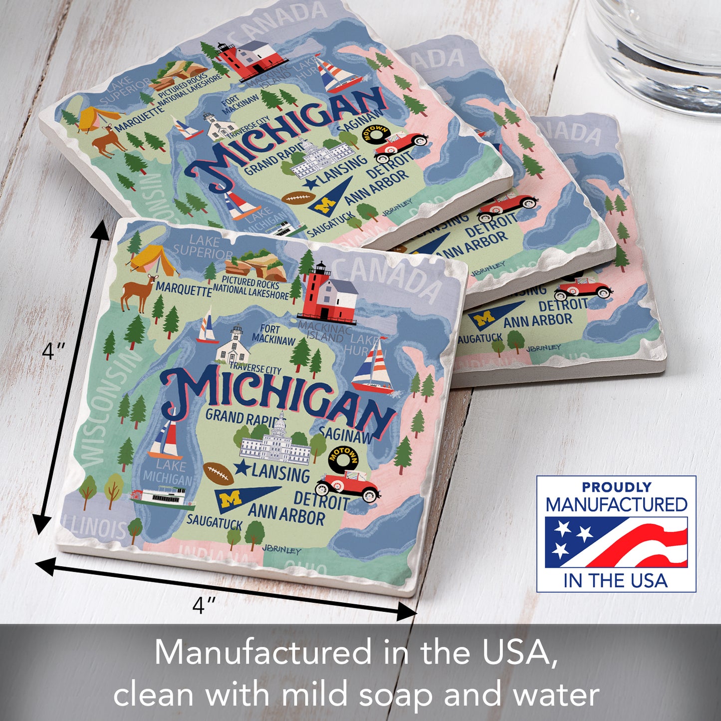 Thirstystone Michigan Attractions 4 Pack Tumbled Tile Stone Coasters 4" Square Manufactured in the USA