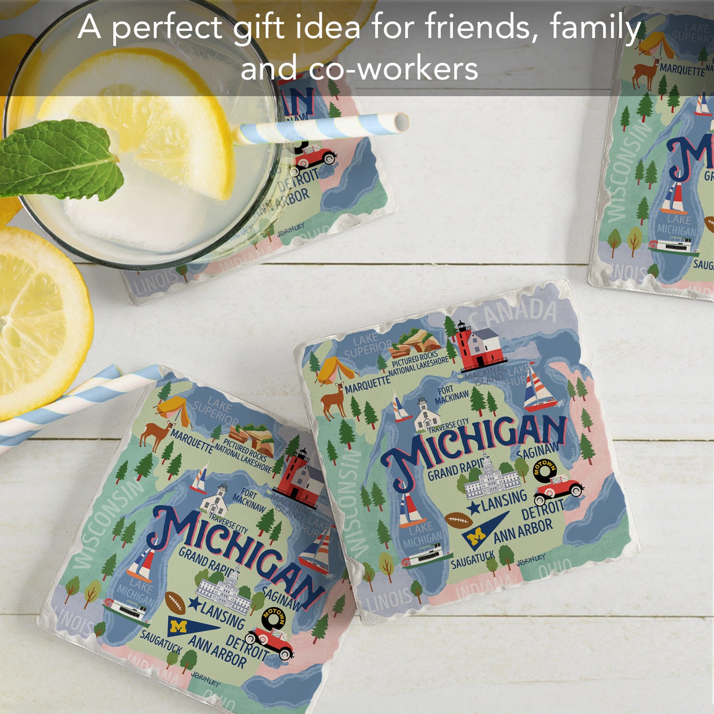 Thirstystone Michigan Attractions 4 Pack Tumbled Tile Stone Coasters 4" Square Manufactured in the USA