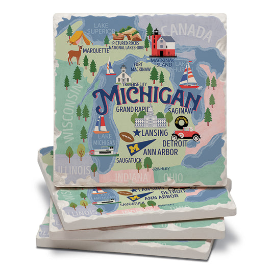 Thirstystone Michigan Attractions 4 Pack Tumbled Tile Stone Coasters 4" Square Manufactured in the USA