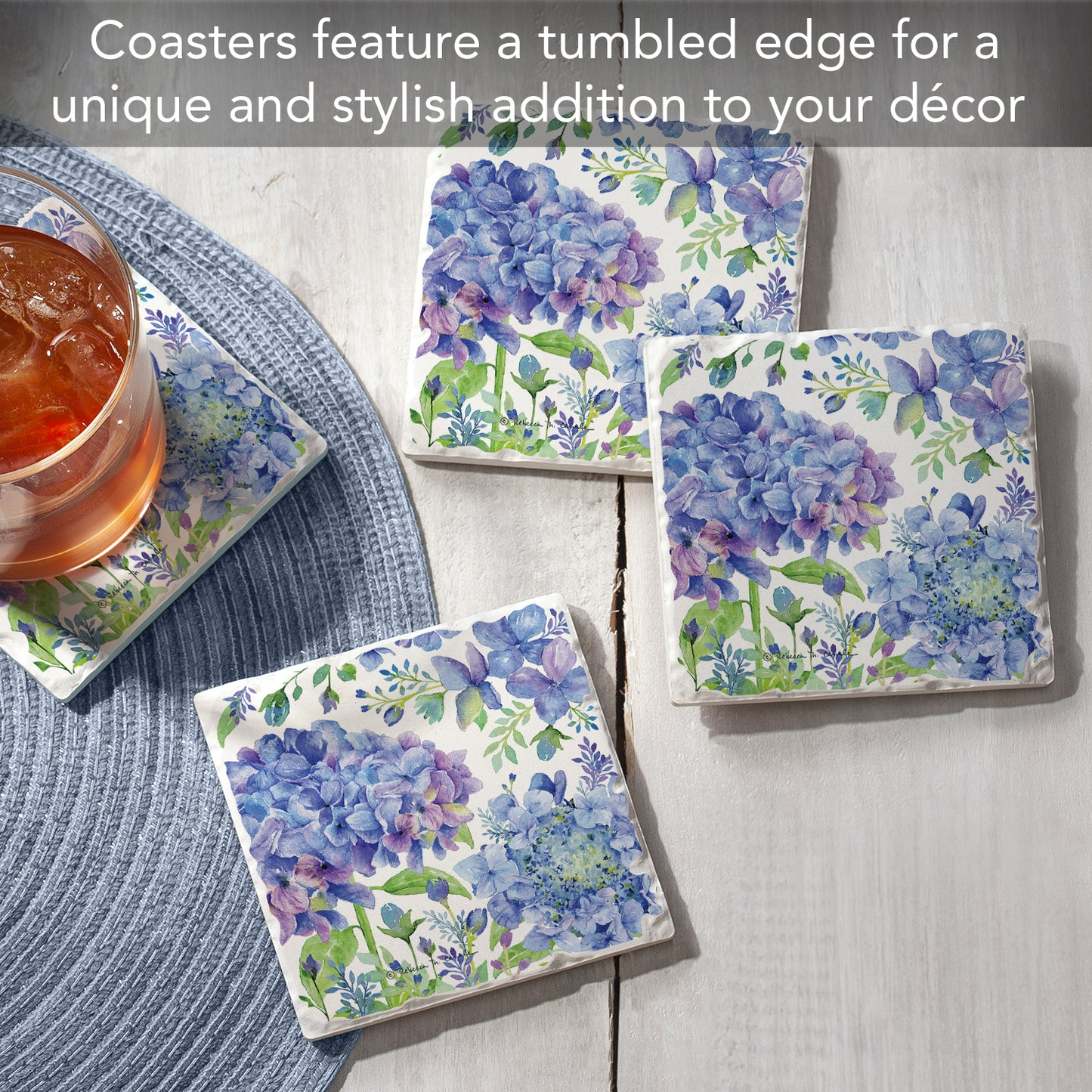 Thirstystone Beautiful Hydrangea 4 Pack Tumbled Tile Stone Coasters 4" Square Manufactured in the USA