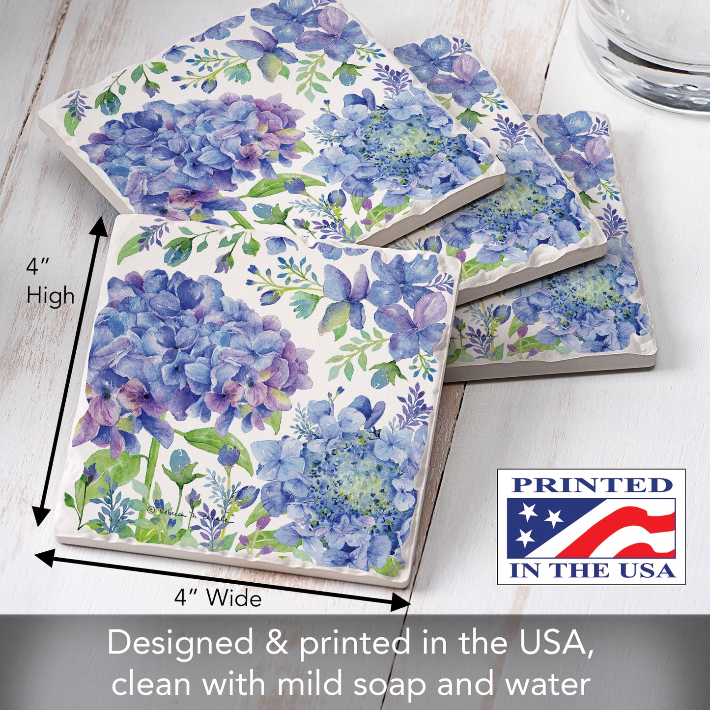 Thirstystone Beautiful Hydrangea 4 Pack Tumbled Tile Stone Coasters 4" Square Manufactured in the USA