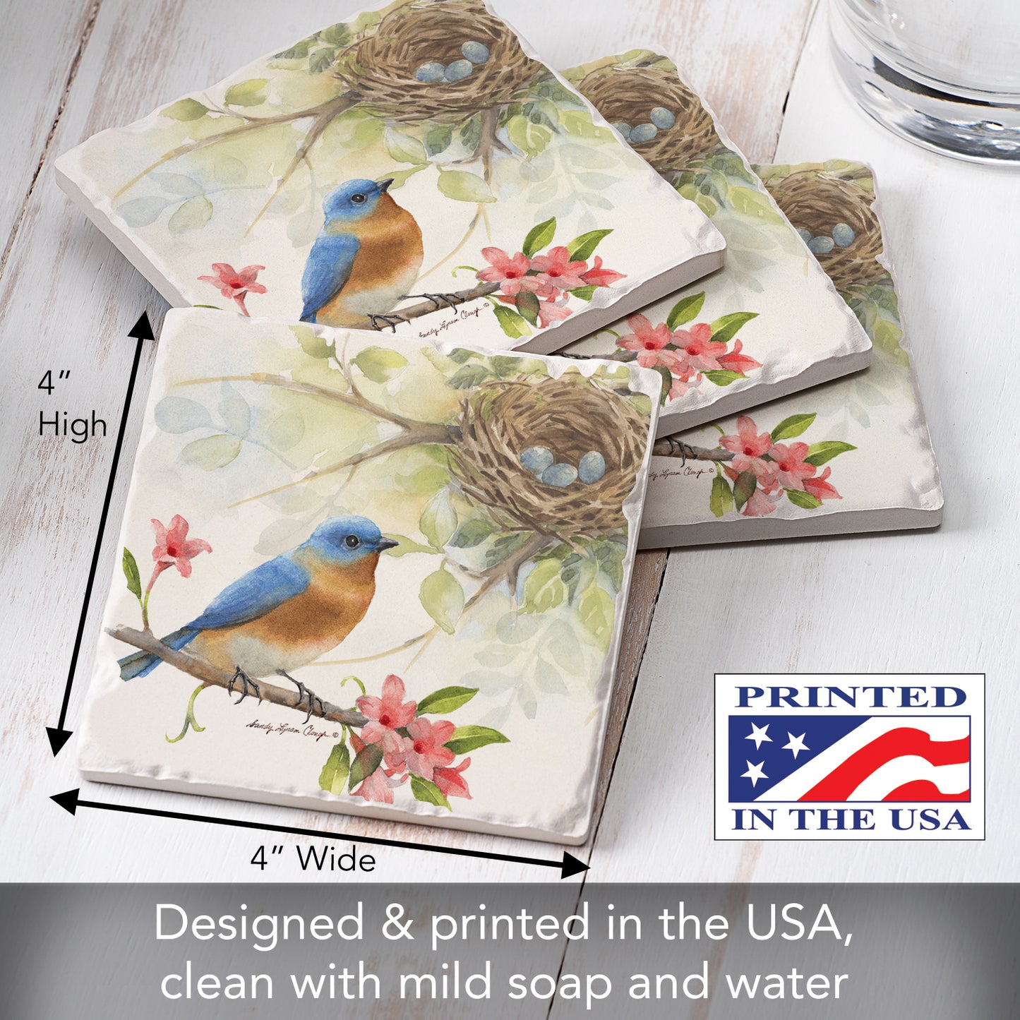 Thirstystone Bluebird 4 Pack Tumbled Tile Stone Coasters 4" Square Manufactured in the USA