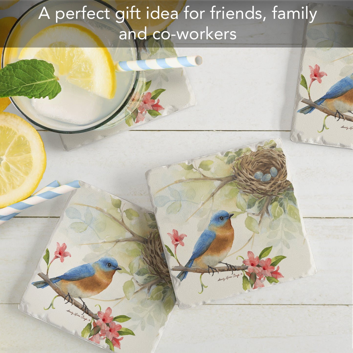 Thirstystone Bluebird 4 Pack Tumbled Tile Stone Coasters 4" Square Manufactured in the USA