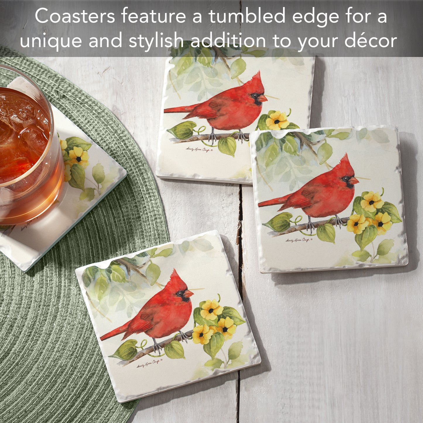 Thirstystone Cardinal 4 Pack Tumbled Tile Stone Coasters 4" Square Manufactured in the USA