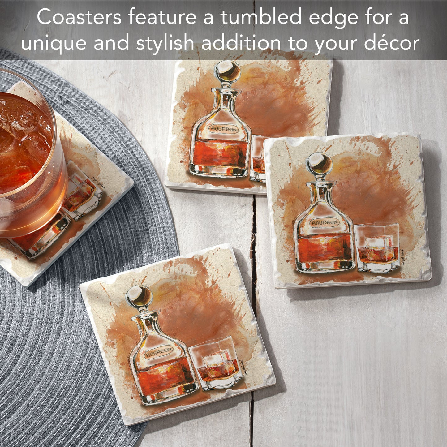 Thirstystone Bourbon Splash 4 Pack Tumbled Tile Stone Coasters 4" Square Manufactured in the USA