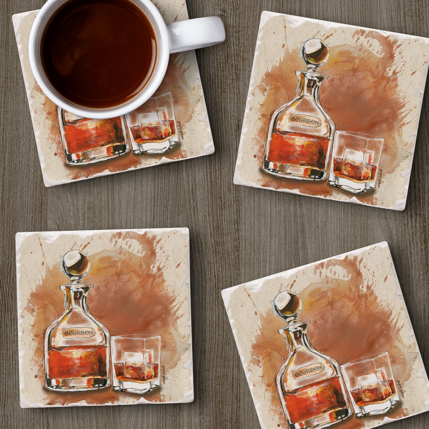 Thirstystone Bourbon Splash 4 Pack Tumbled Tile Stone Coasters 4" Square Manufactured in the USA