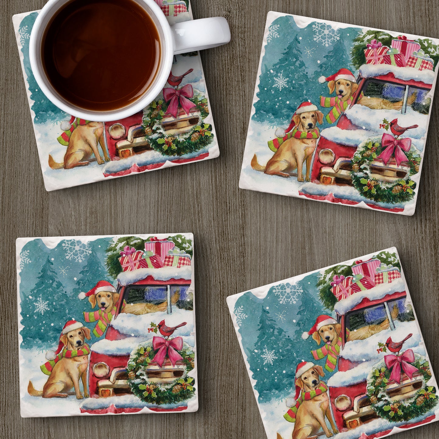 Thirstystone Holiday Buddies 4 Pack Tumbled Tile Stone Coasters 4" Square Manufactured in the USA