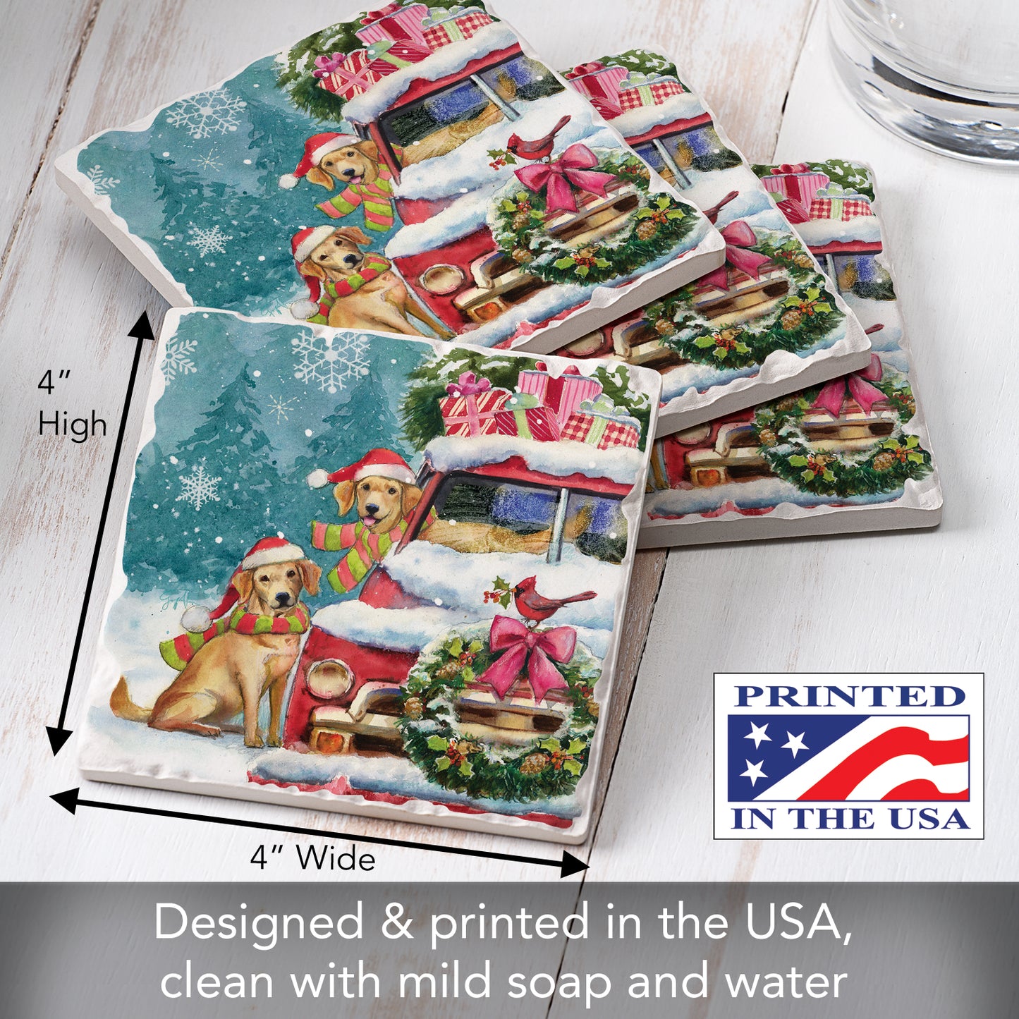 Thirstystone Holiday Buddies 4 Pack Tumbled Tile Stone Coasters 4" Square Manufactured in the USA