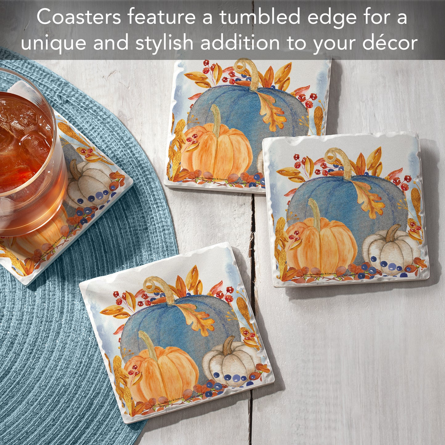 Thirstystone Denim Harvest Pumpkins 4 Pack Tumbled Tile Stone Coasters 4" Square Manufactured in the USA