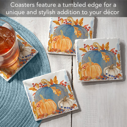 Thirstystone Denim Harvest Pumpkins 4 Pack Tumbled Tile Stone Coasters 4" Square Manufactured in the USA