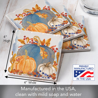 Thirstystone Denim Harvest Pumpkins 4 Pack Tumbled Tile Stone Coasters 4" Square Manufactured in the USA