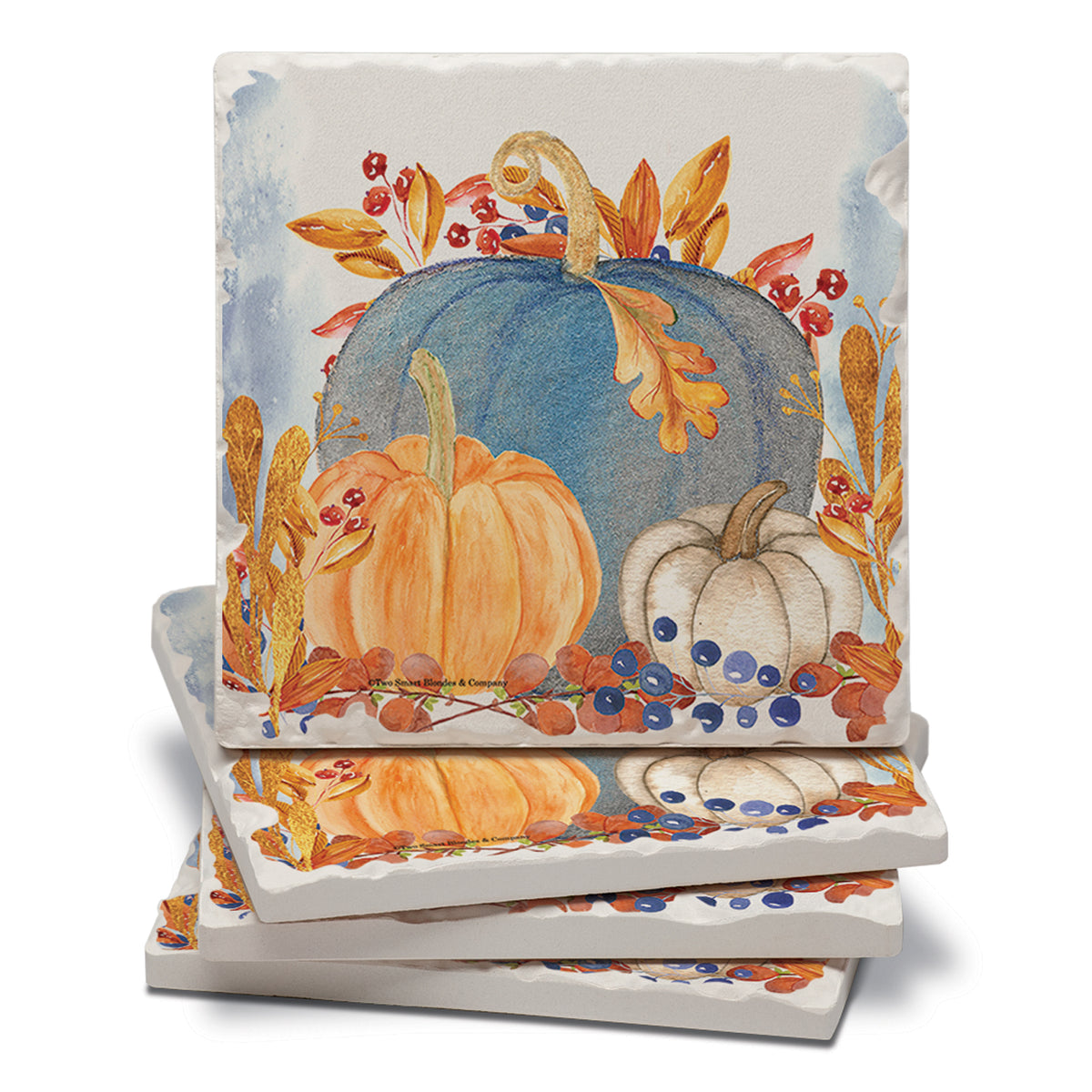 Thirstystone Denim Harvest Pumpkins 4 Pack Tumbled Tile Stone Coasters 4" Square Manufactured in the USA
