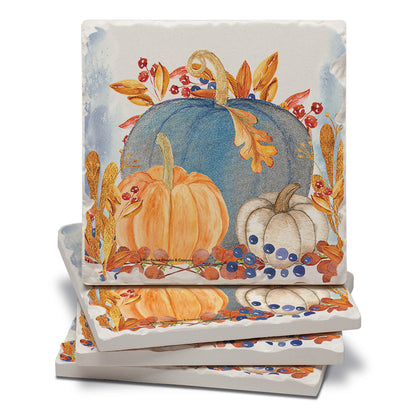 Thirstystone Denim Harvest Pumpkins 4 Pack Tumbled Tile Stone Coasters 4" Square Manufactured in the USA