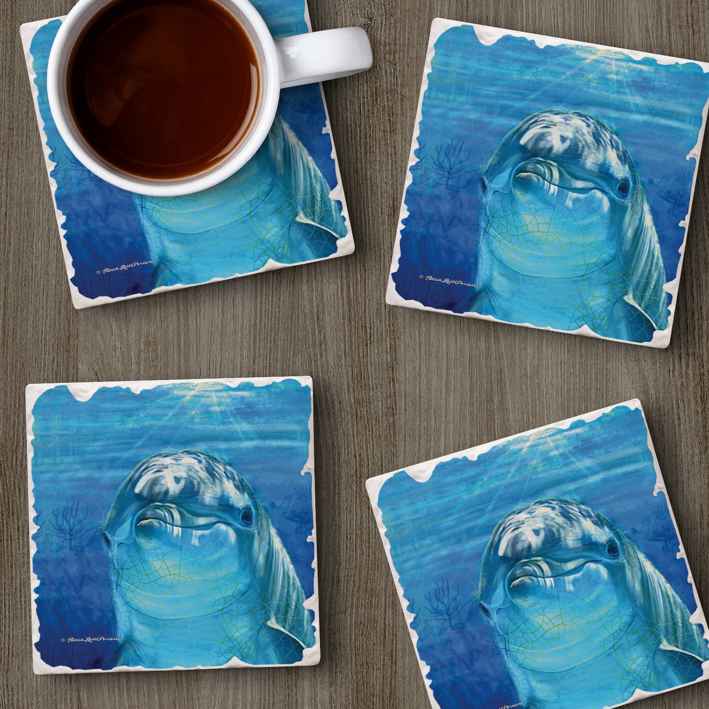 Thirstystone Dolphin Smile 4-Pack Tumbled Tile Stone Coasters 4" Square Manufactured in the USA