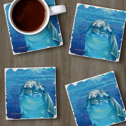 Thirstystone Dolphin Smile 4-Pack Tumbled Tile Stone Coasters 4" Square Manufactured in the USA