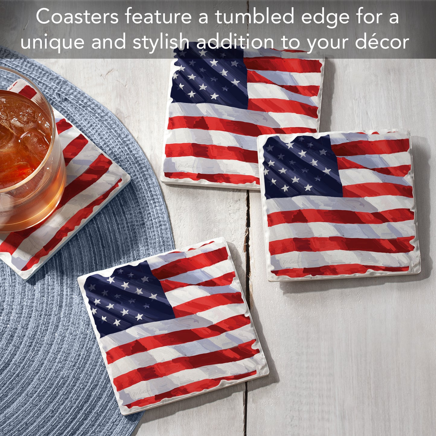 Thirstystone Liberty Flag 4 Pack Tumbled Tile Stone Coasters 4" Square Manufactured in the USA