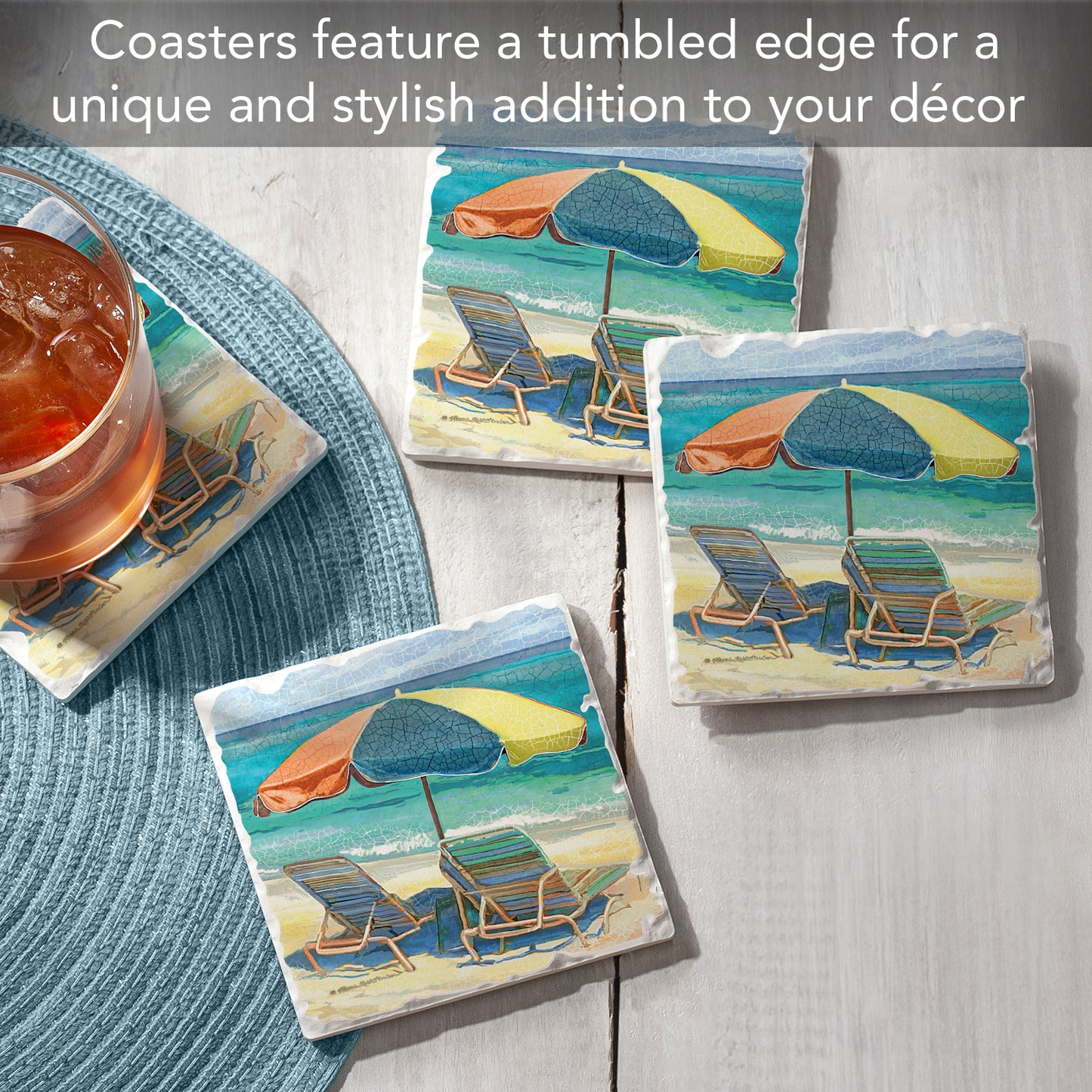 Thirstystone Umbrella Days 4 Pack Tumbled Tile Stone Coasters 4" Square Manufactured in the USA