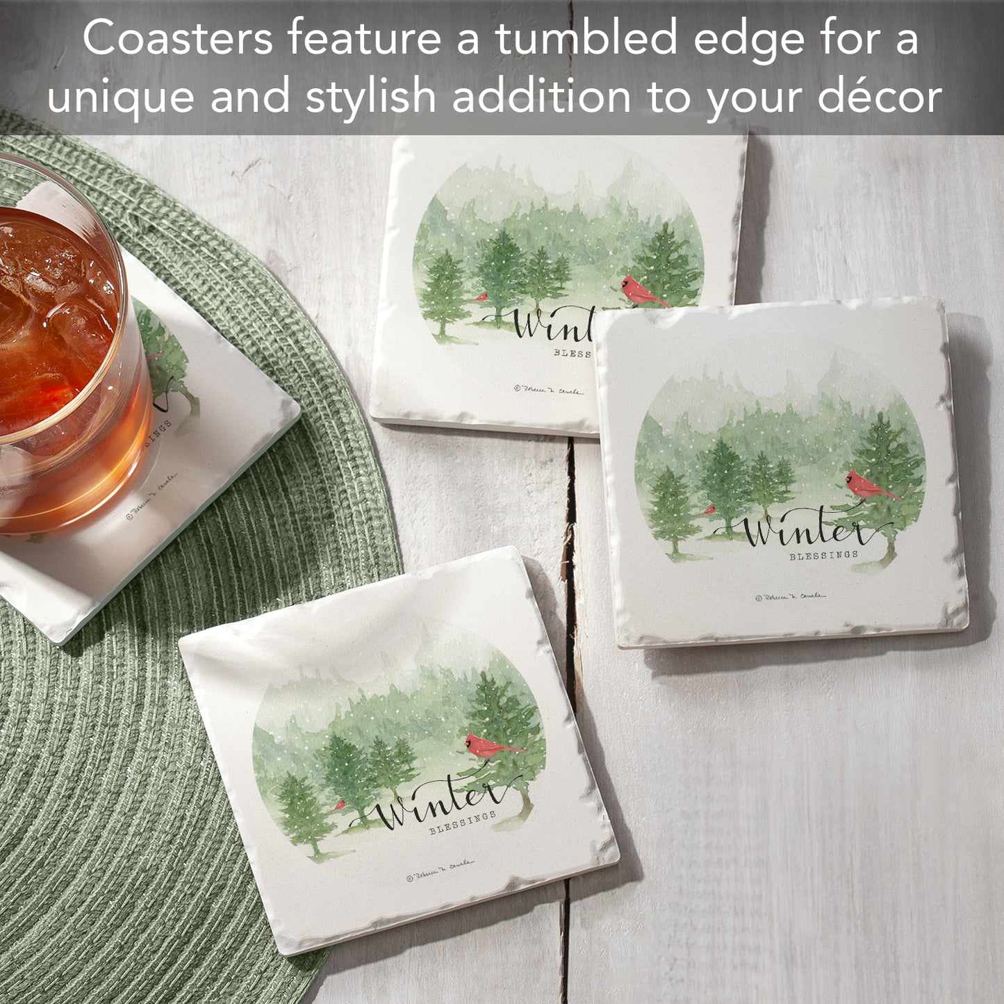 Thirstystone Winter Blessings 4 Pack Tumbled Tile Stone Coasters 4" Square Manufactured in the USA