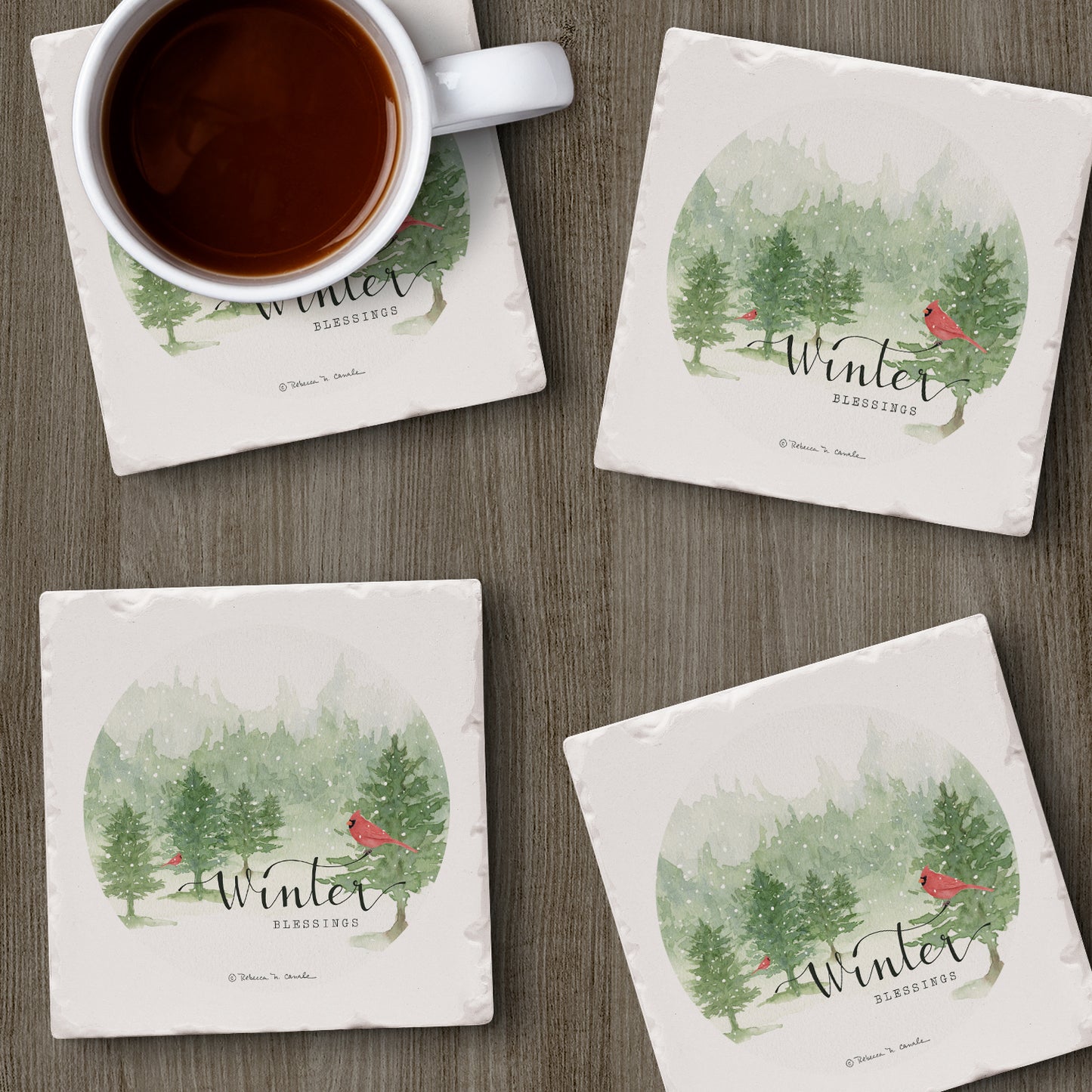 Thirstystone Winter Blessings 4 Pack Tumbled Tile Stone Coasters 4" Square Manufactured in the USA