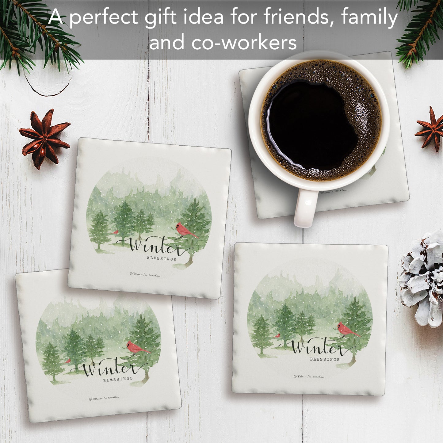Thirstystone Winter Blessings 4 Pack Tumbled Tile Stone Coasters 4" Square Manufactured in the USA