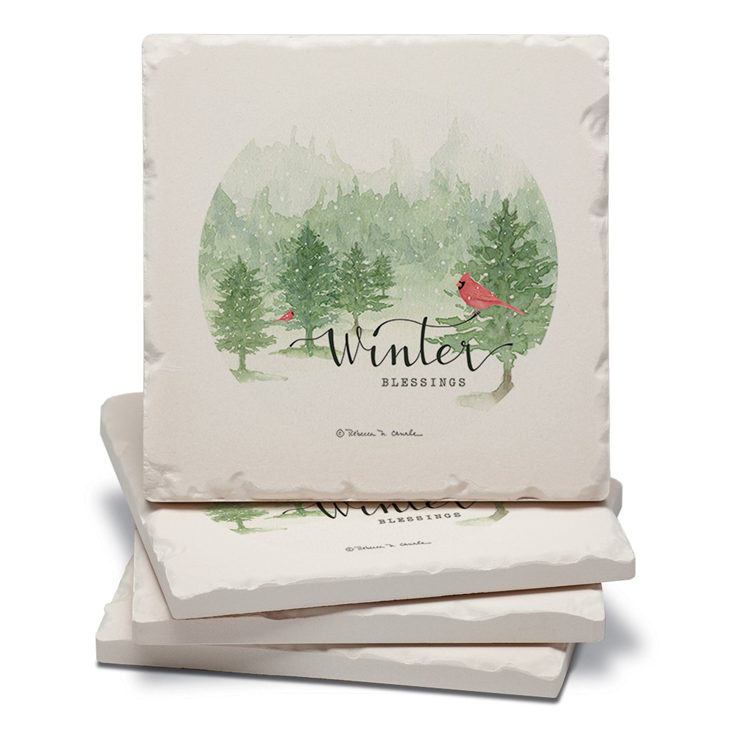 Thirstystone Winter Blessings 4 Pack Tumbled Tile Stone Coasters 4" Square Manufactured in the USA