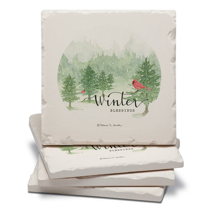 Thirstystone Winter Blessings 4 Pack Tumbled Tile Stone Coasters 4" Square Manufactured in the USA