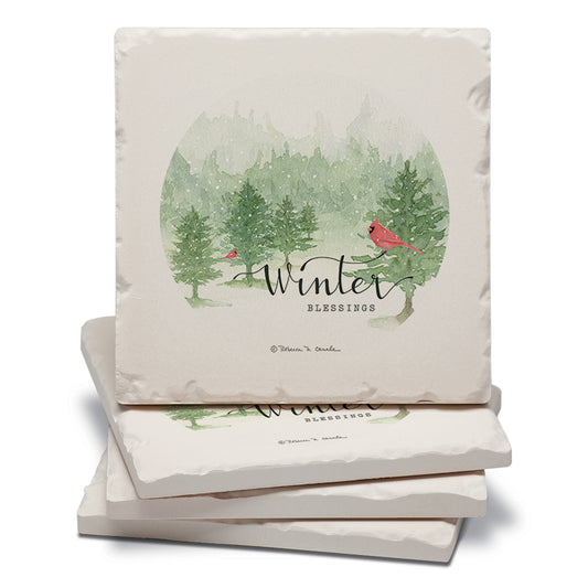 Thirstystone Winter Blessings 4 Pack Tumbled Tile Stone Coasters 4" Square Manufactured in the USA