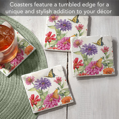 Thirstystone Zinnias & Butterflies 4 Pack Tumbled Tile Stone Coasters 4" Square Manufactured in the USA