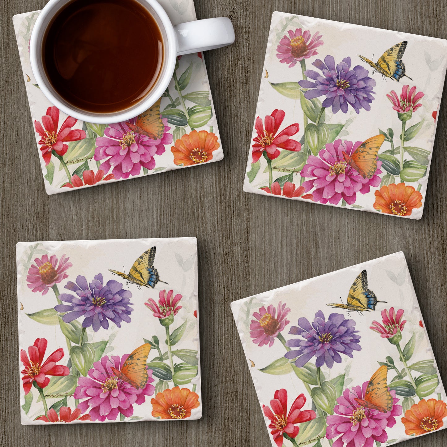 Thirstystone Zinnias & Butterflies 4 Pack Tumbled Tile Stone Coasters 4" Square Manufactured in the USA