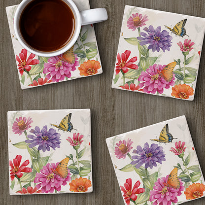 Thirstystone Zinnias & Butterflies 4 Pack Tumbled Tile Stone Coasters 4" Square Manufactured in the USA