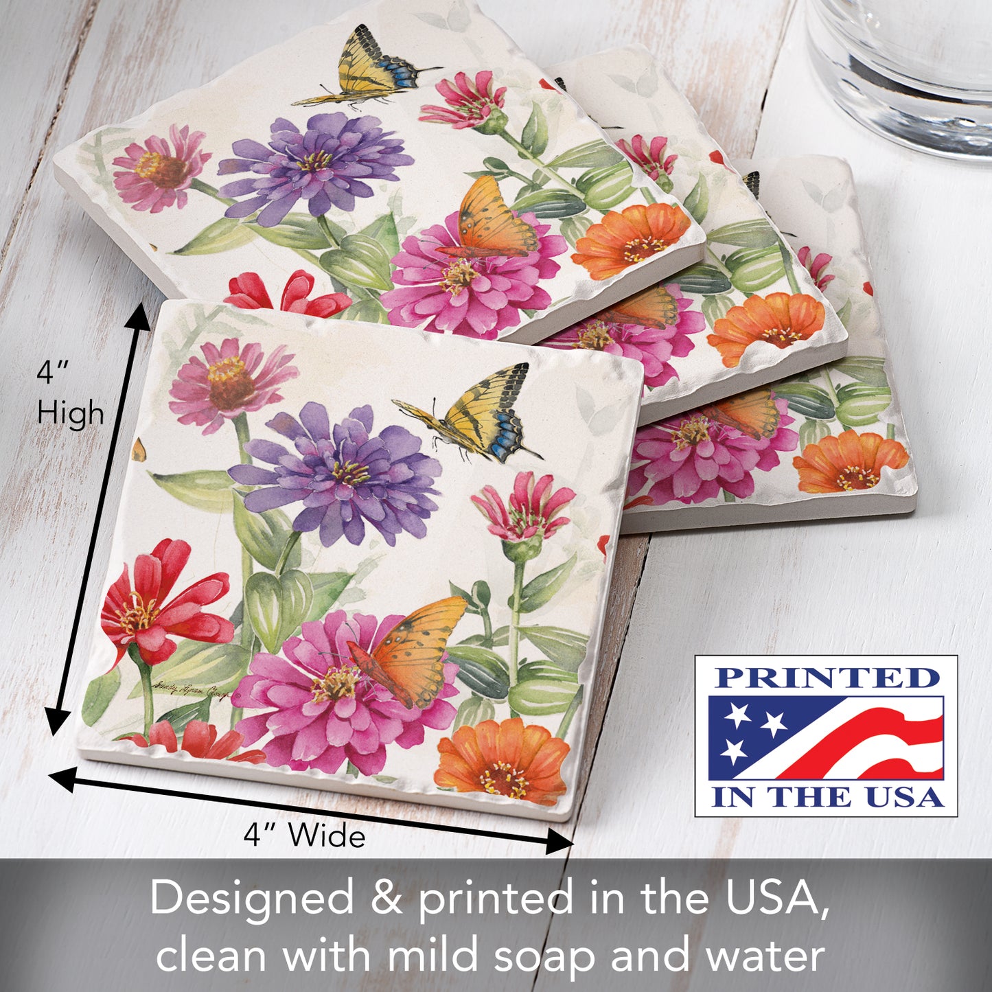 Thirstystone Zinnias & Butterflies 4 Pack Tumbled Tile Stone Coasters 4" Square Manufactured in the USA