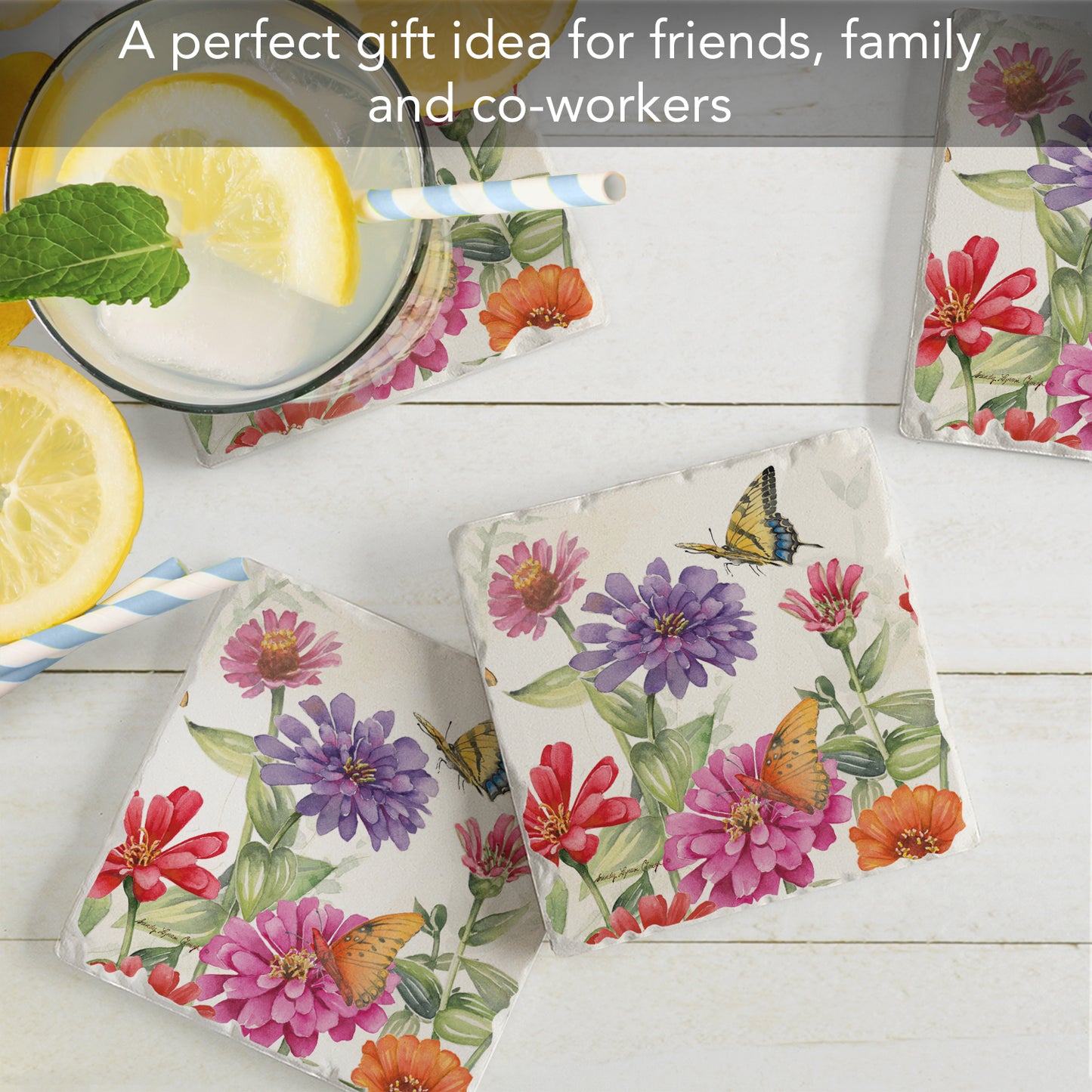 Thirstystone Zinnias & Butterflies 4 Pack Tumbled Tile Stone Coasters 4" Square Manufactured in the USA