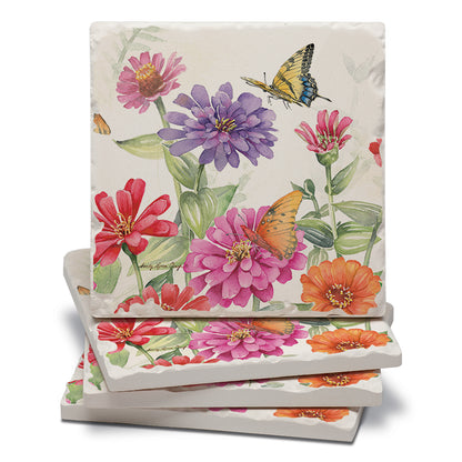 Thirstystone Zinnias & Butterflies 4 Pack Tumbled Tile Stone Coasters 4" Square Manufactured in the USA