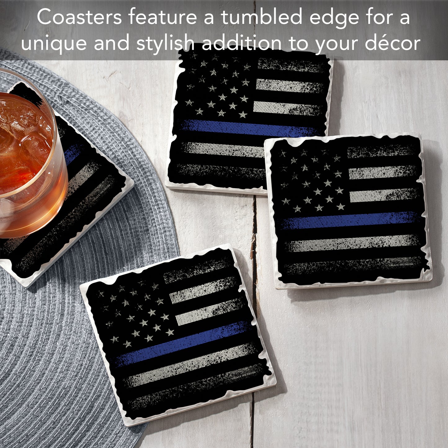 CounterArt Blue Line Flag 4 Pack Tumbled Tile Stone Coasters with Protective Cork Backing Manufactured in The USA