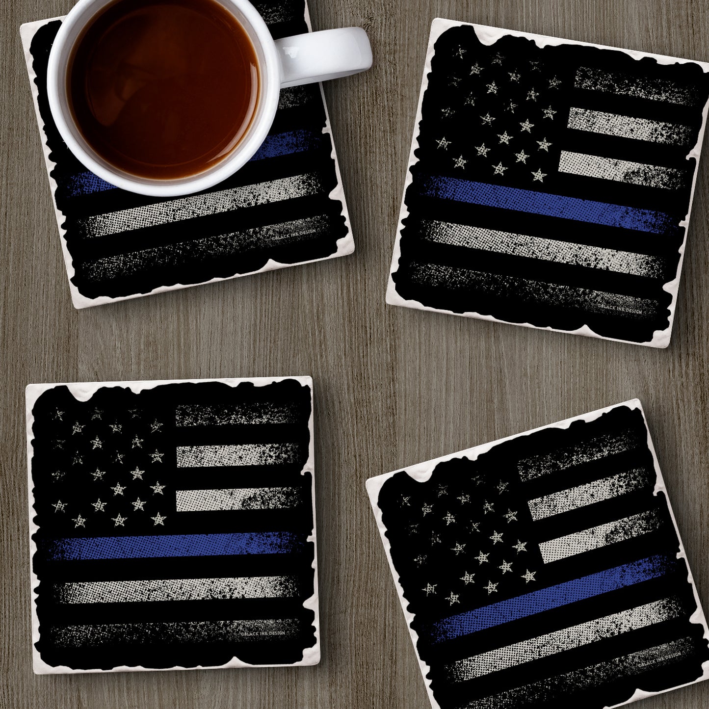 CounterArt Blue Line Flag 4 Pack Tumbled Tile Stone Coasters with Protective Cork Backing Manufactured in The USA