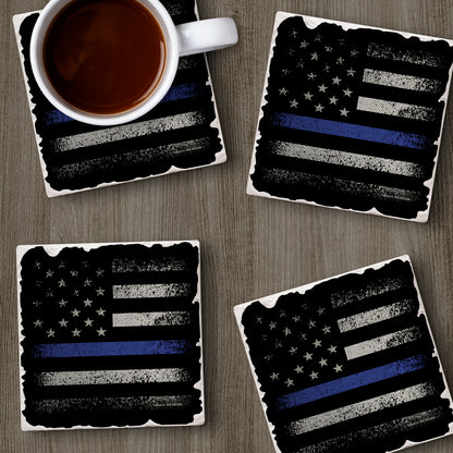 CounterArt Blue Line Flag 4 Pack Tumbled Tile Stone Coasters with Protective Cork Backing Manufactured in The USA