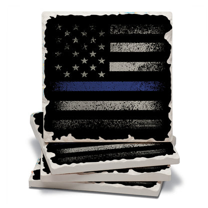 CounterArt Blue Line Flag 4 Pack Tumbled Tile Stone Coasters with Protective Cork Backing Manufactured in The USA