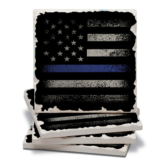 CounterArt Blue Line Flag 4 Pack Tumbled Tile Stone Coasters with Protective Cork Backing Manufactured in The USA