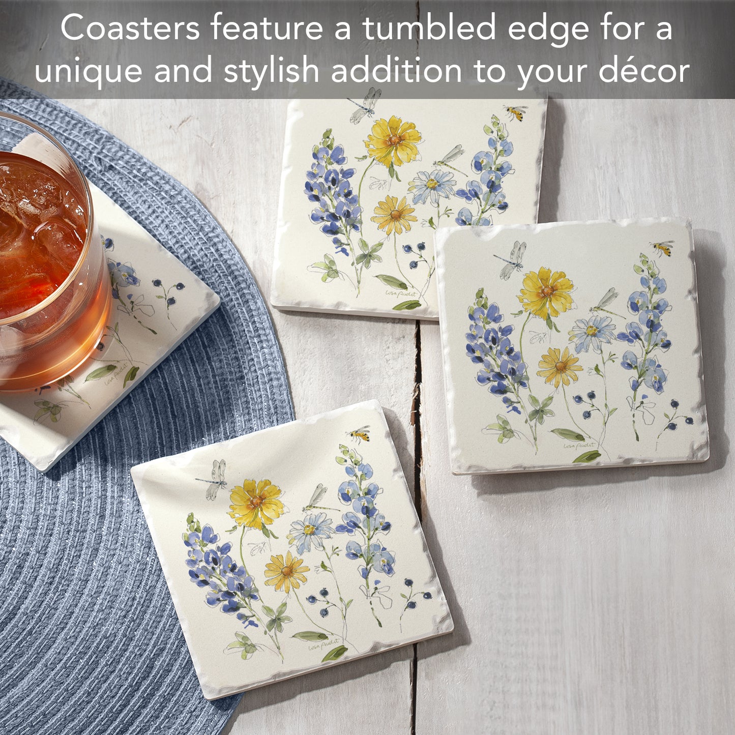 Thirstystone Lovely Blues 4 Pack Tumbled Tile Stone Coasters 4" Square Manufactured in the USA