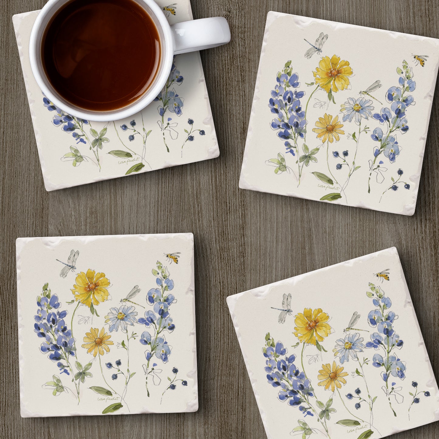 Thirstystone Lovely Blues 4 Pack Tumbled Tile Stone Coasters 4" Square Manufactured in the USA