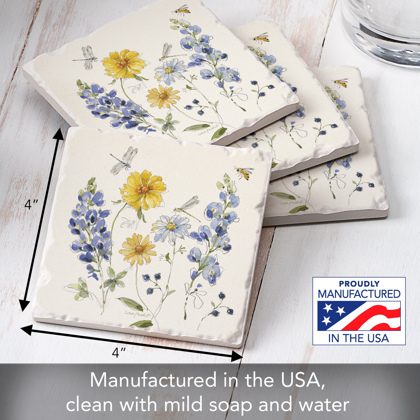 Thirstystone Lovely Blues 4 Pack Tumbled Tile Stone Coasters 4" Square Manufactured in the USA