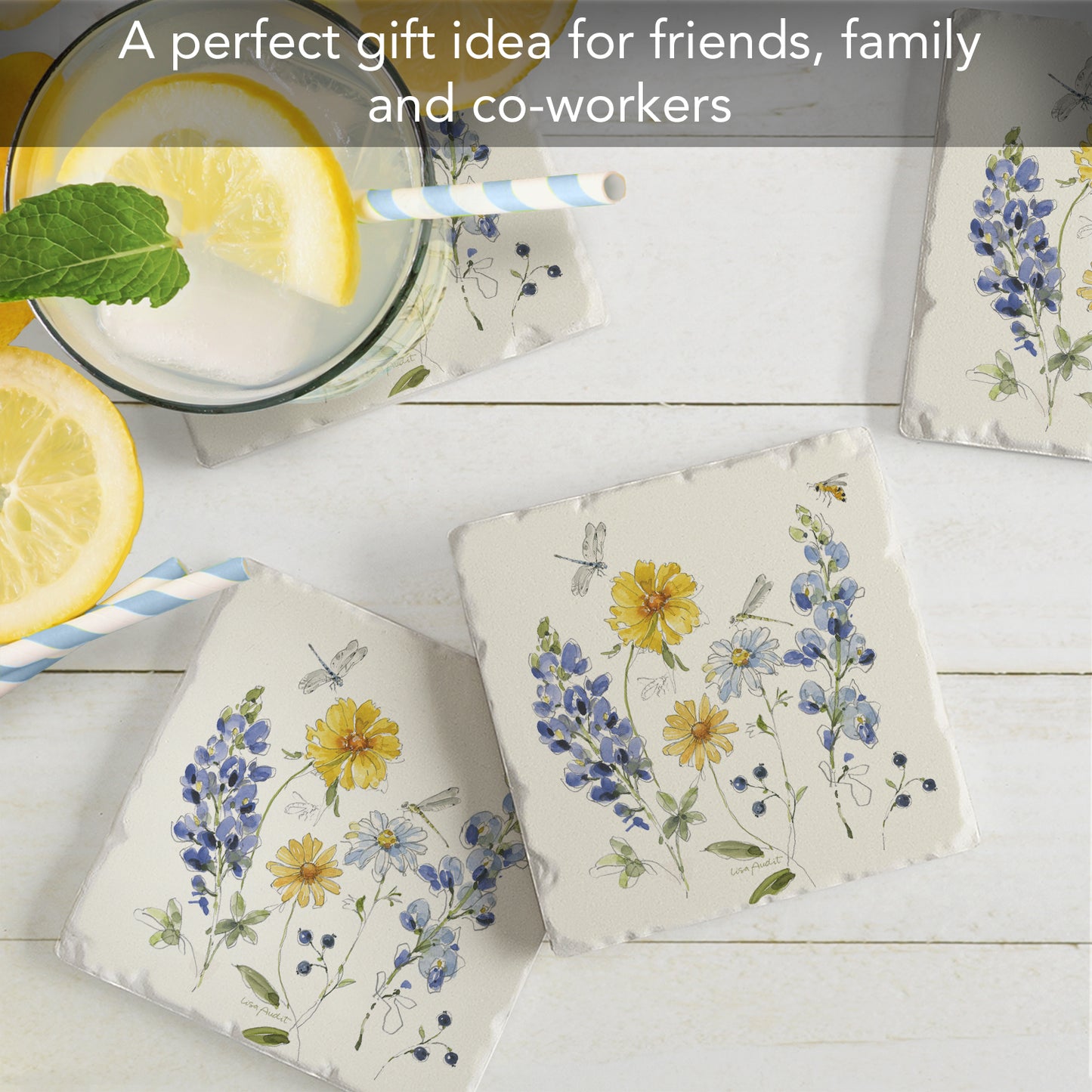 Thirstystone Lovely Blues 4 Pack Tumbled Tile Stone Coasters 4" Square Manufactured in the USA