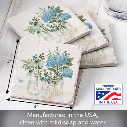 Thirstystone Mason Jar Florals 4 Pack Tumbled Tile Stone Coasters 4" Square Manufactured in the USA