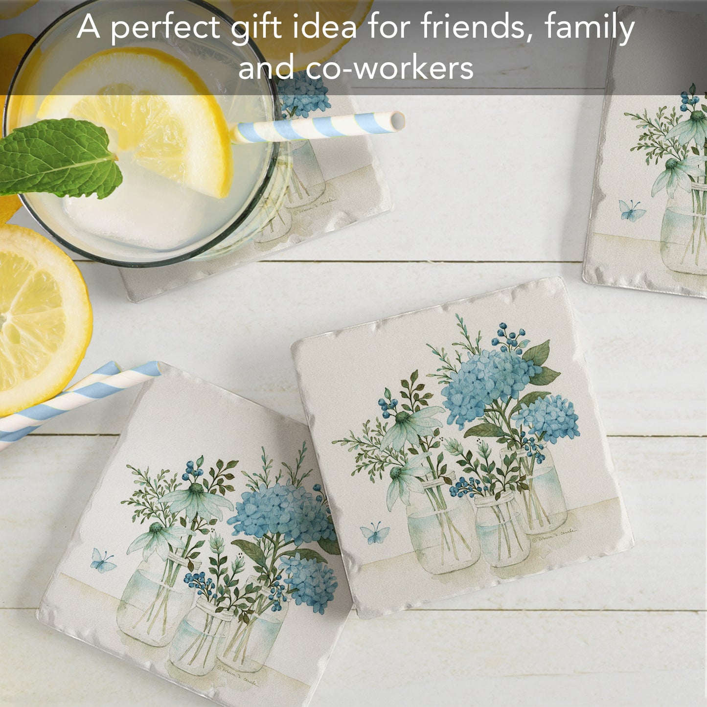 Thirstystone Mason Jar Florals 4 Pack Tumbled Tile Stone Coasters 4" Square Manufactured in the USA