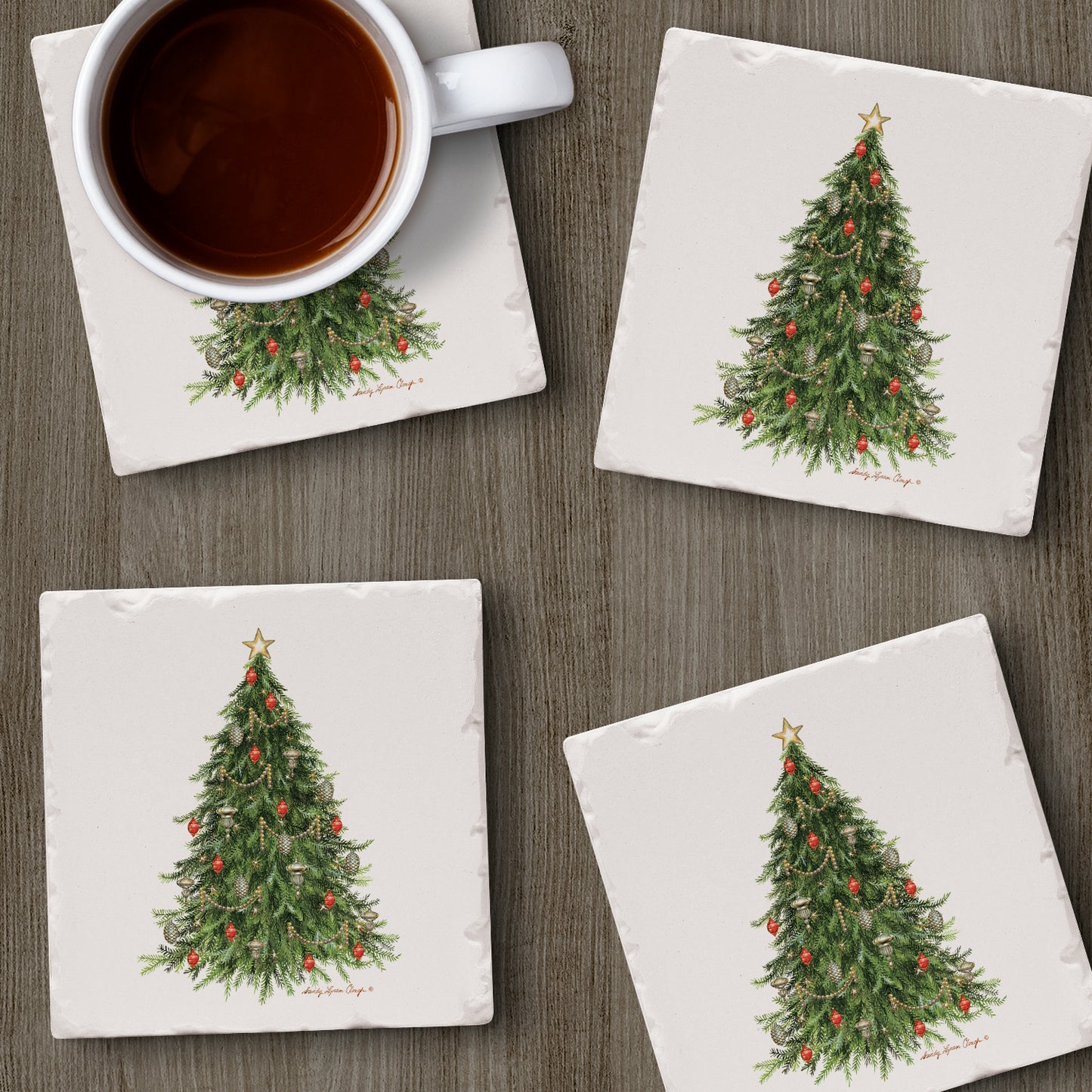 Thirstystone O' Christmas Tree 4 Pack Tumbled Tile Stone Coasters 4" Square Manufactured in the USA