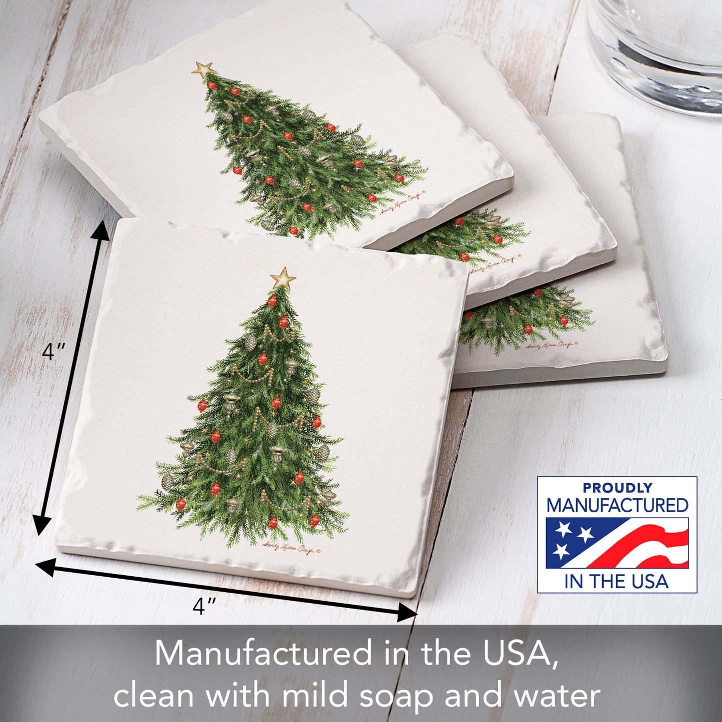 Thirstystone O' Christmas Tree 4 Pack Tumbled Tile Stone Coasters 4" Square Manufactured in the USA