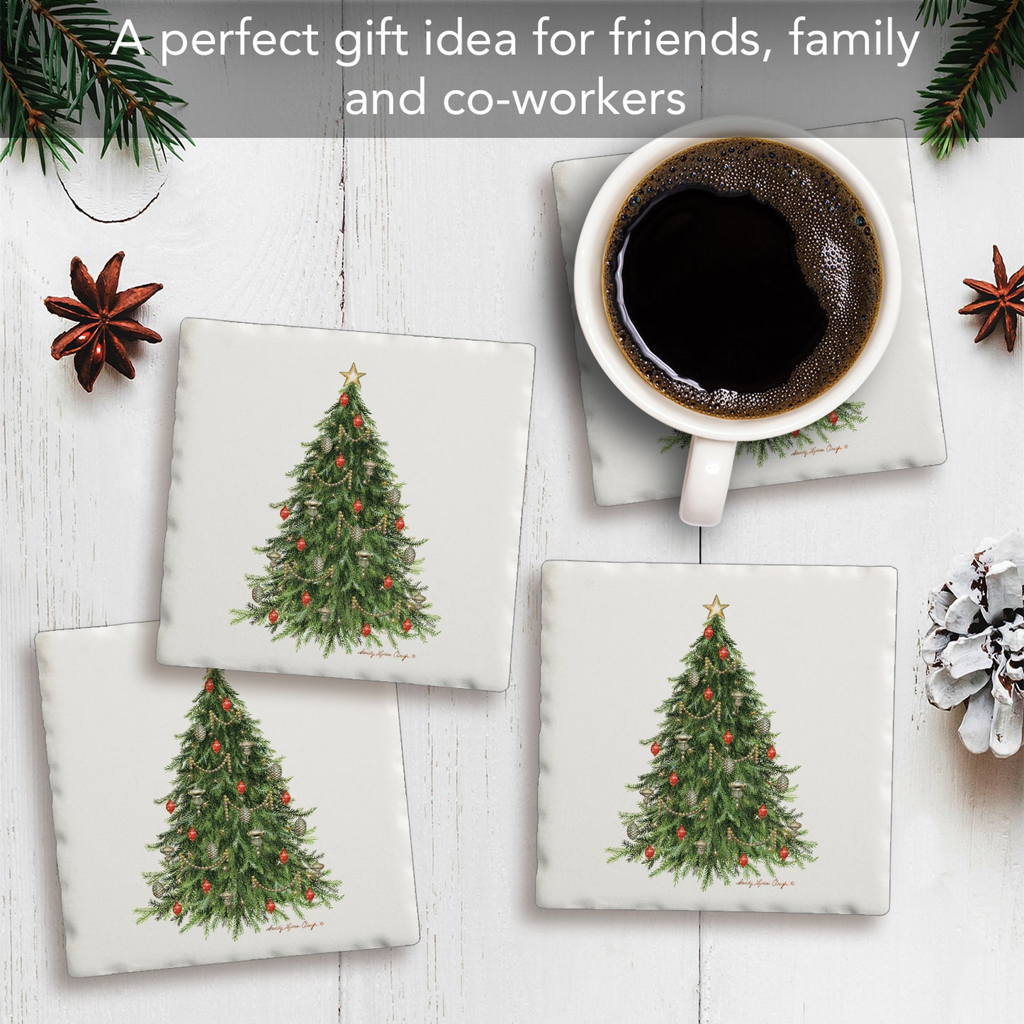Thirstystone O' Christmas Tree 4 Pack Tumbled Tile Stone Coasters 4" Square Manufactured in the USA
