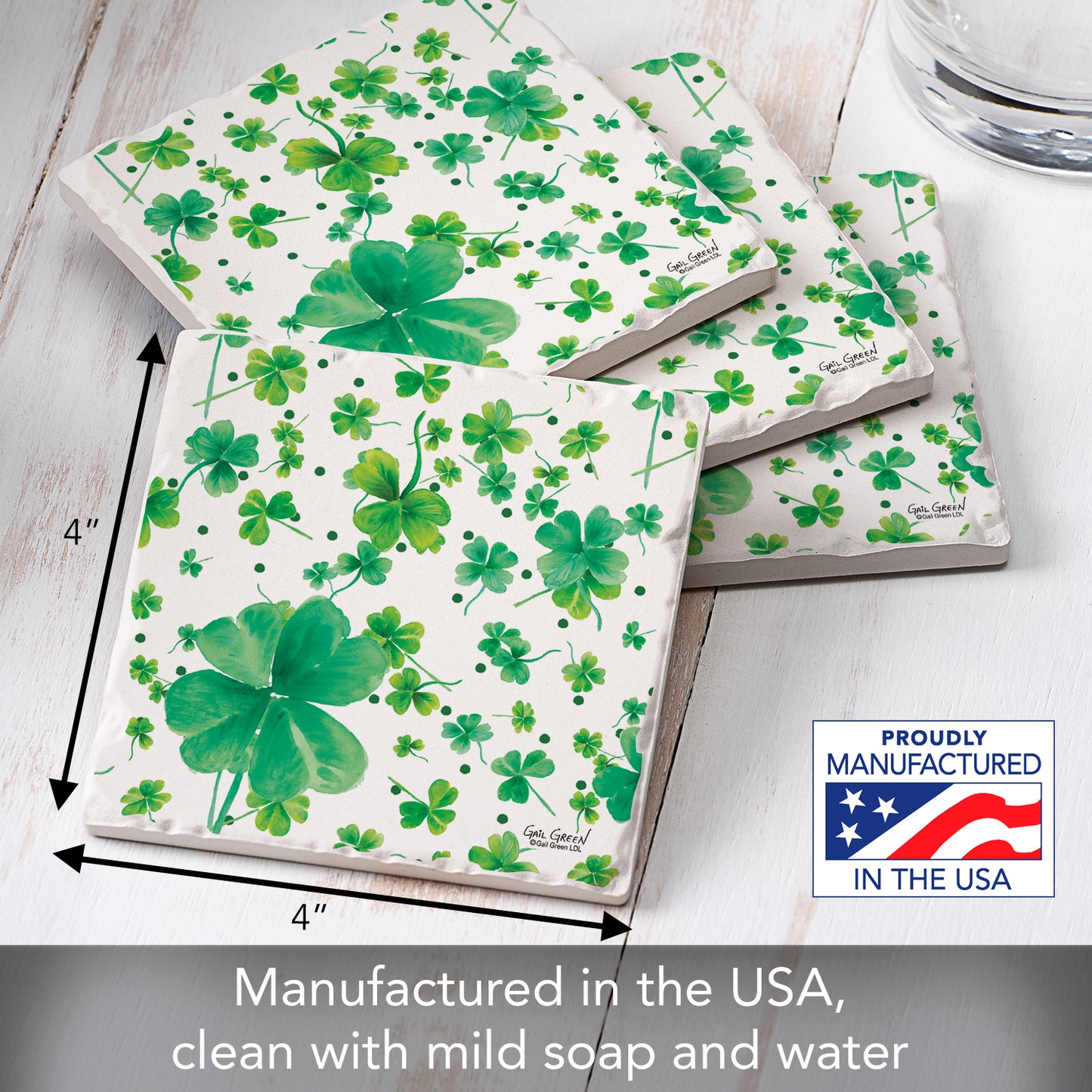 Thirstystone Shamrock Pattern 4-Pack Absorbent Stone Tumbled Tile Coasters 4" Square Manufactured in the USA